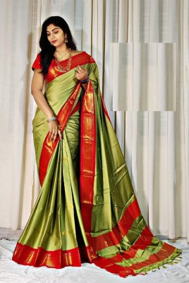 Juhi Collection Woven Banarasi Cotton Silk Saree(Green)