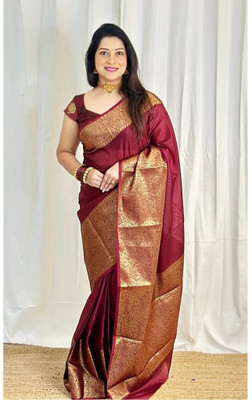 Rudr Ventures Embroidered Banarasi Silk Blend Saree(Maroon)