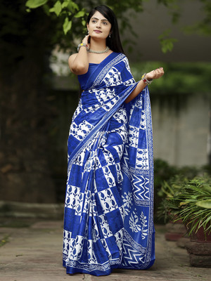 Tasrika Printed Daily Wear Cotton Blend Saree(Blue)