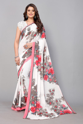 ANIRAV Floral Print Bollywood Georgette Saree(White)