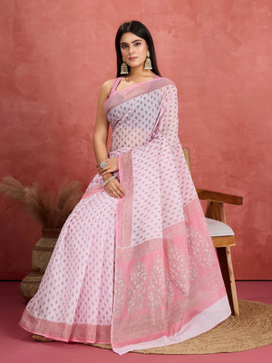 Jevi Prints Blocked Printed Daily Wear Pure Cotton Saree(Pink)