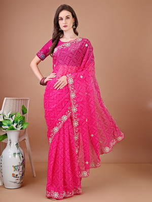 Divastri Printed Bandhani Georgette Saree(Pink)