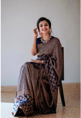 Rudr Ventures Embroidered Banarasi Jacquard Saree(Dark Blue)