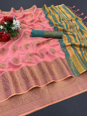 Shopya Woven Kanjivaram Pure Silk, Cotton Silk Saree(Green, Pink)