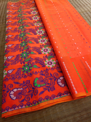 KhayaFashion Woven Tant Pure Cotton Saree(Orange)
