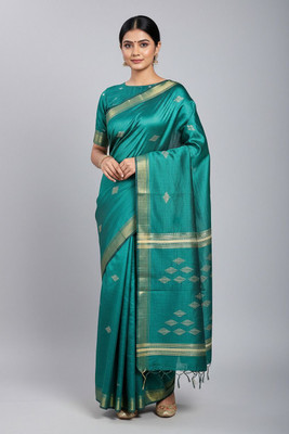 Fabloom Woven, Self Design Bhagalpuri Tussar Silk Saree(Dark Green)