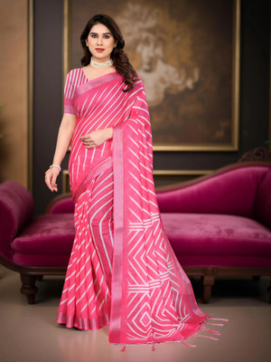 Myraani Printed Daily Wear Cotton Linen Saree(Pink)