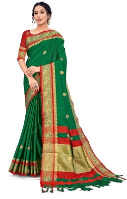 Riddhi Enterprise Woven Kanjivaram Cotton Silk Saree(Green)