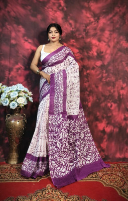 SARATHITEXTILE Color Block Hand Batik Cotton Blend Saree(Purple)