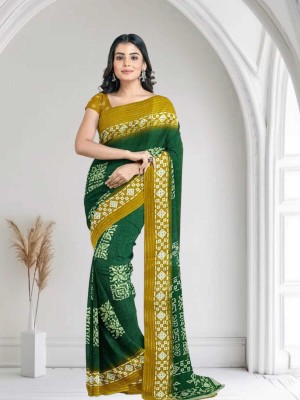 Ruhabs Blocked Printed Ikkat Pure Cotton Saree(Dark Green)