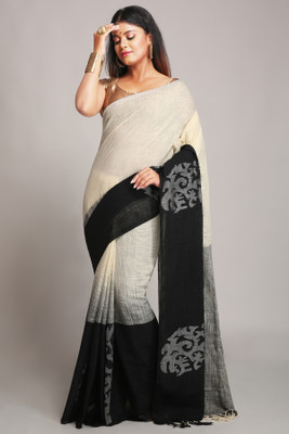 WoodenTant Woven Handloom Linen Saree(White, Black)