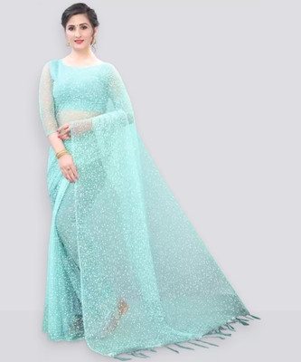 PRIMERION Printed, Self Design, Solid/Plain Bollywood Net Saree(Blue)