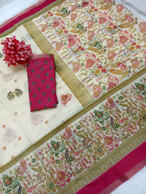 Gajal Printed Kanjivaram Linen, Cotton Linen Saree(Pink)