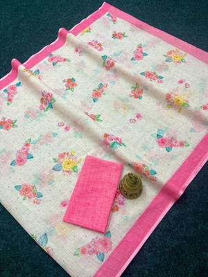 Margi Designers Floral Print Handloom Cotton Linen Saree(Multicolor)
