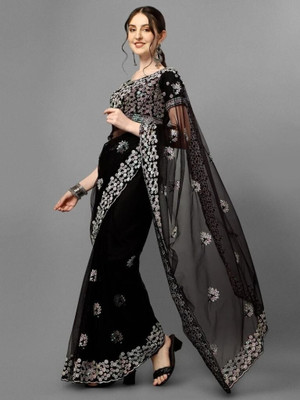 harlin Embroidered Bollywood Net Saree(Black)