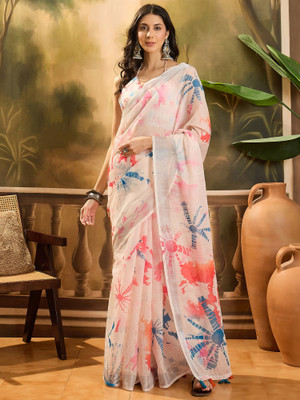 Divastri Printed Kalamkari Linen Saree(White)