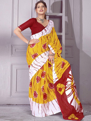 Anouk Rustic Printed Pre Draped Saree Cotton Blend Saree(Yellow)