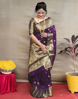 SIRIL Woven Banarasi Silk Blend, Jacquard Saree(Gold, Purple)