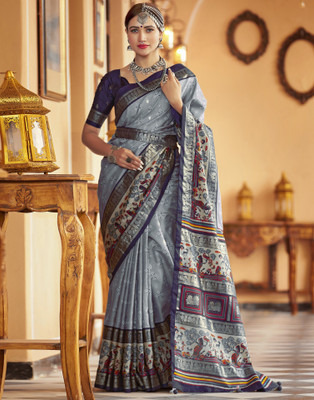 Samah Printed, Embellished Patola Art Silk Saree(Blue, Grey, Multicolor)