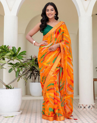 Samah Printed Daily Wear Georgette, Chiffon Saree(Orange)