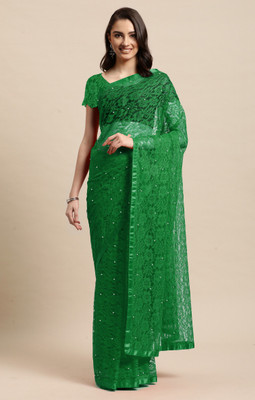 LOROFY Embellished Bollywood Net, Jacquard Saree(Dark Green)