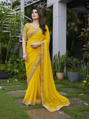 AMBUJAINTERNATIONAL Embroidered Bandhani Georgette Saree(Yellow)