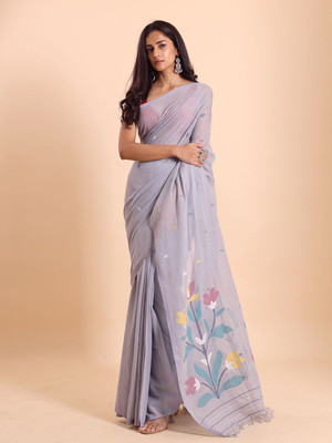 Blouson Printed Jamdani Pure Cotton Saree(Grey)