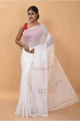 Anita Striped, Woven Handloom Pure Cotton Saree(White)