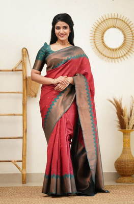 Handsel Woven Banarasi Jacquard, Silk Blend Saree(Red)