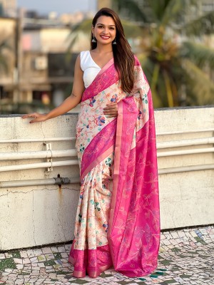 Tasrika Floral Print Kalamkari Tussar Silk Saree(Pink)