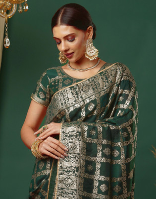 Samah Embellished Banarasi Cotton Silk Saree(Dark Green, Gold)