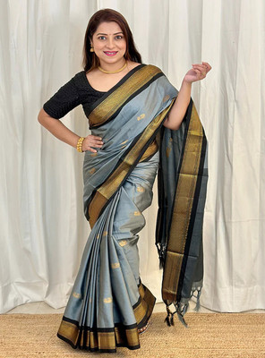 SGF11 Self Design Handloom Silk Blend Saree(Grey, Black)