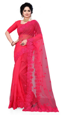 HouseOfCommon Self Design Bollywood Net Saree(Pink)