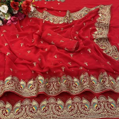 monoria Embroidered Bollywood Georgette Saree(Red)
