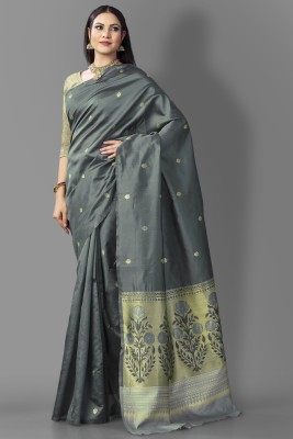 Fanla Floral Print Banarasi Cotton Silk Saree(Grey)