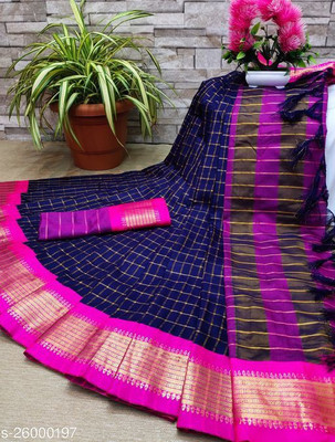 Vleez Checkered Bollywood Pure Cotton Saree(Dark Blue)
