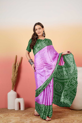Sangria Printed Saree with Attached Blouse Silk Blend Saree(Purple)