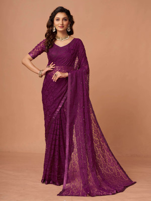 VRLOOKMEFASHION Embroidered Bollywood Net Saree(Purple)