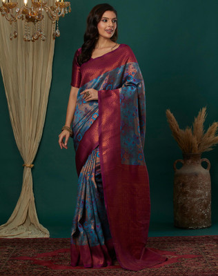 Tasrika Woven, Embellished Kanjivaram Jacquard, Silk Blend Saree(Blue)