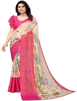 GOLDFALCON Geometric Print, Printed Bollywood Brasso, Chiffon Saree(Beige, Pink)