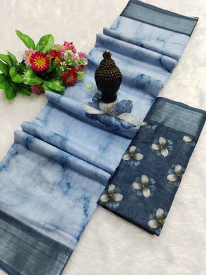 Gajal Printed Kanjivaram Pure Cotton, Cotton Linen Saree(Light Blue)