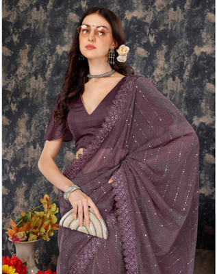 RELLAXAWAVES Embellished Bollywood Lycra Blend Saree(Purple)