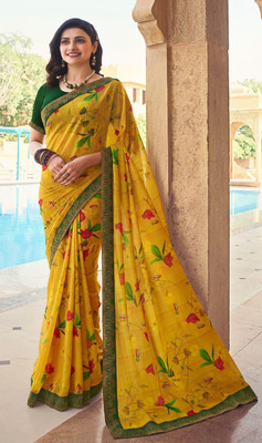 Hensi sarees shop Printed, Solid/Plain Bhagalpuri Georgette, Art Silk Saree(Yellow)