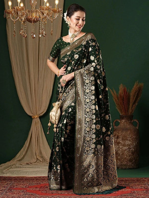 ETHNICHITZ Woven, Embellished Banarasi Cotton Silk Saree(Green)