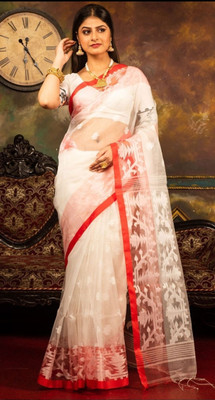 ADbutiq Applique Handloom Handloom Pure Cotton Saree(White)