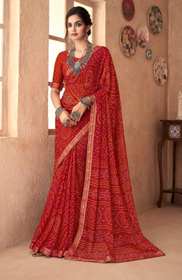 REBOOT FASHIONS Printed Bandhani Chiffon Saree(Red)