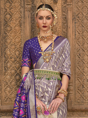 ANOUK Printed Banarasi Silk Blend Saree(Grey, Purple)