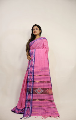 Angona Textile Checkered, Striped, Woven Ikkat Pure Cotton Saree(White)