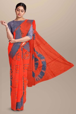 Jaipuri Print Printed Daily Wear Pure Cotton Saree(Orange, Grey)