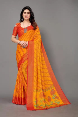 het designer studio Blocked Printed Banarasi Brasso Saree(Yellow)